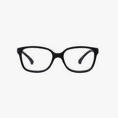 Front perspective view of black flexible kids prescription glasses with an adjustable black elastic head strap on a plain white background.