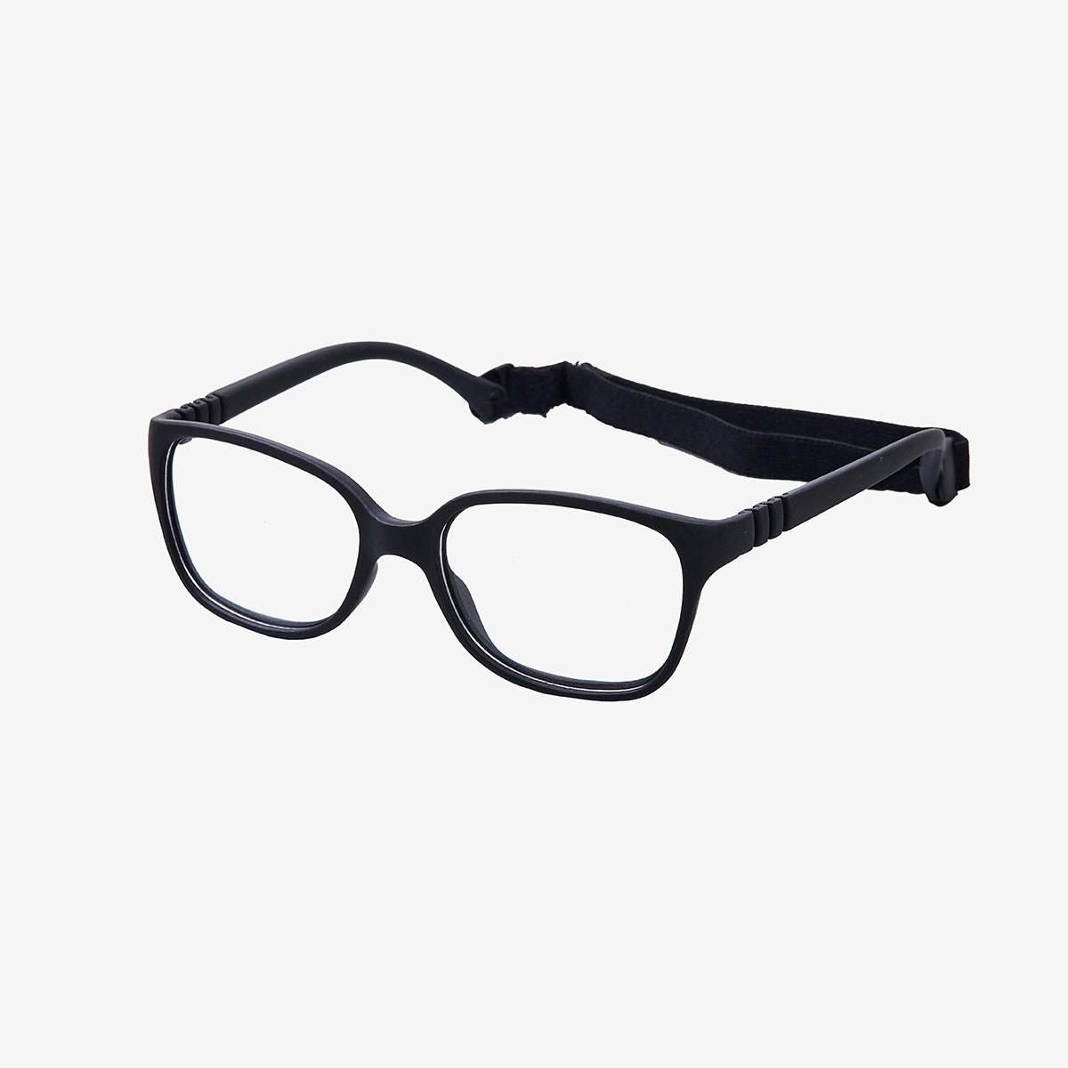Side perspective view of black flexible kids prescription glasses with an adjustable black elastic head strap on a plain white background.
