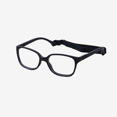 Side perspective view of black flexible kids prescription glasses with an adjustable black elastic head strap on a plain white background.
