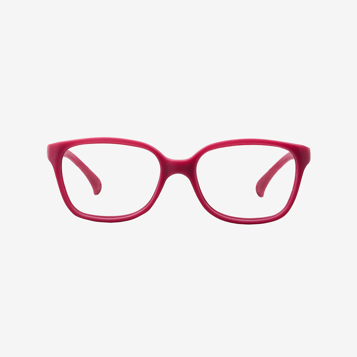 Front perspective view of rose red flexible kids prescription glasses with an adjustable red elastic head strap on a plain white background.
