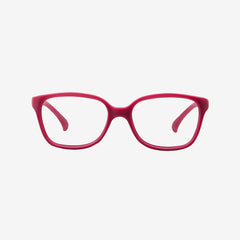Front perspective view of rose red flexible kids prescription glasses with an adjustable red elastic head strap on a plain white background.
