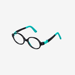 Black Green kids 360 ultra-flexible round glasses showcasing a round one-piece screwless frame, detachable temples, and a adjustable elastic head strap for toddler eye safety.
