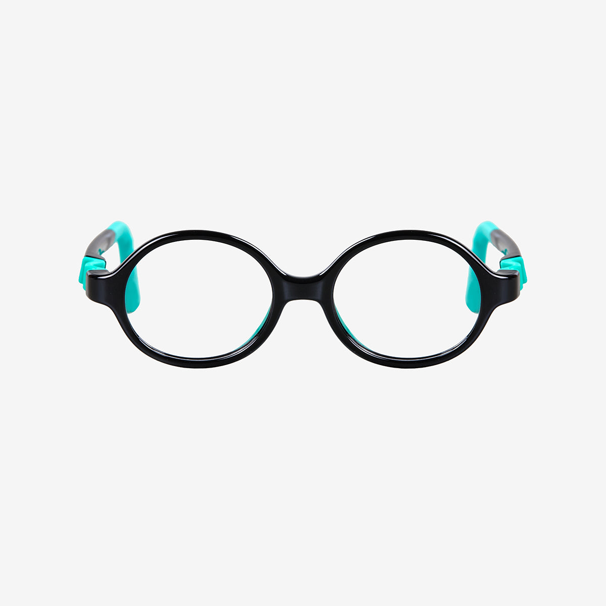 Black Green kids 360 ultra-flexible round glasses showcasing a round one-piece screwless frame, detachable temples, and a adjustable elastic head strap for toddler eye safety.