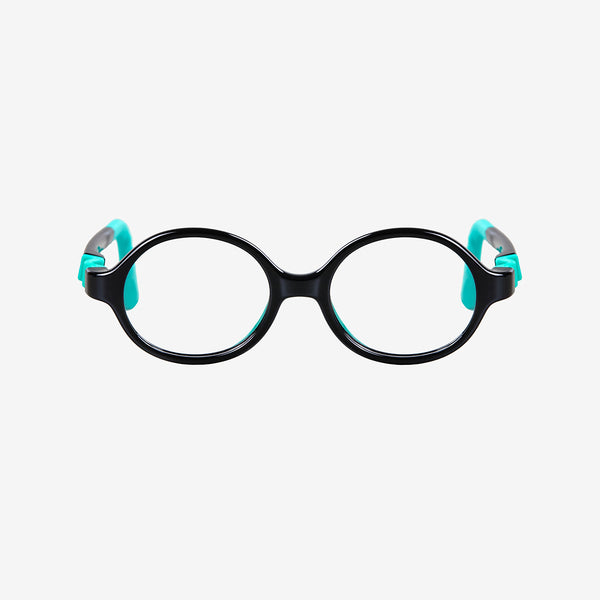 Black Green kids 360 ultra-flexible round glasses showcasing a round one-piece screwless frame, detachable temples, and a adjustable elastic head strap for toddler eye safety.