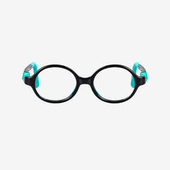 Black Green kids 360 ultra-flexible round glasses showcasing a round one-piece screwless frame, detachable temples, and a adjustable elastic head strap for toddler eye safety.