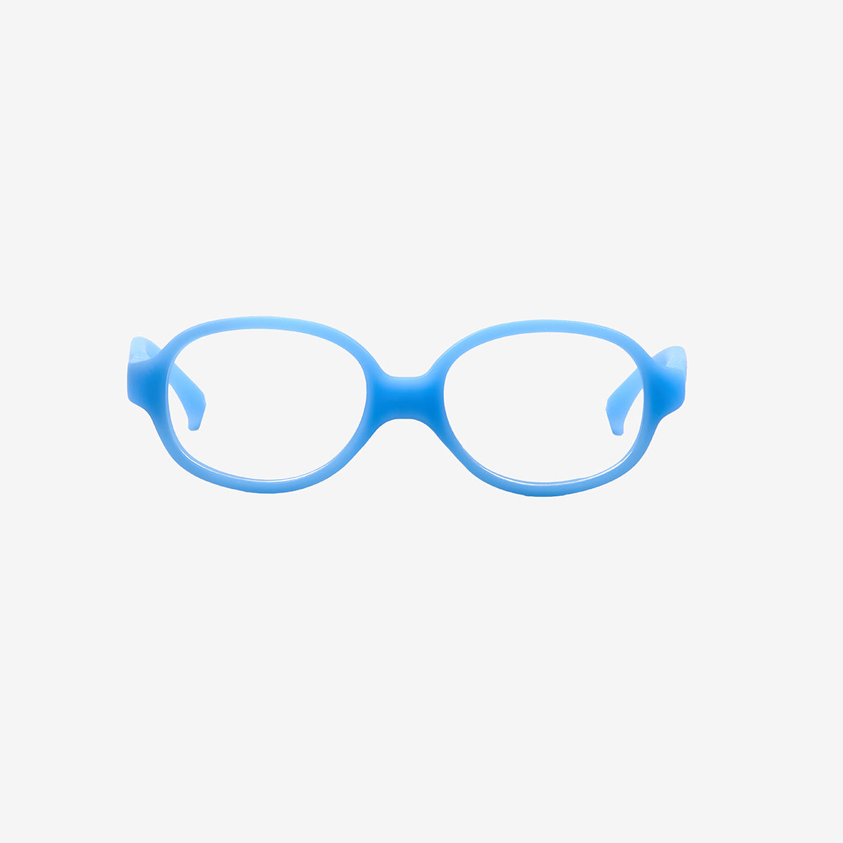 Blue oval kids flexible TPE glasses showcasing a one-piece screwless frame and a matching adjustable elastic head strap for toddler optical eye safety.
