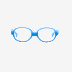 Blue oval kids flexible TPE glasses showcasing a one-piece screwless frame and a matching adjustable elastic head strap for toddler optical eye safety.
