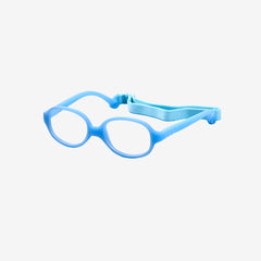 Blue oval kids flexible TPE glasses showcasing a one-piece screwless frame and a matching adjustable elastic head strap for toddler optical eye safety.
