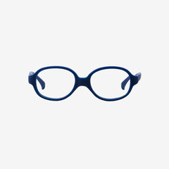 Navy oval kids flexible TPE glasses showcasing a one-piece screwless frame and a matching adjustable elastic head strap for toddler optical eye safety.
