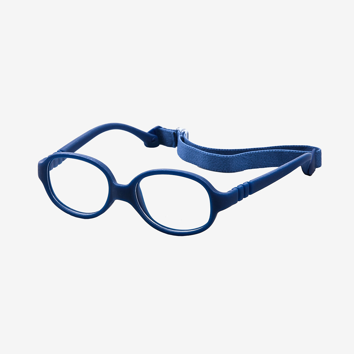 Navy oval kids flexible TPE glasses showcasing a one-piece screwless frame and a matching adjustable elastic head strap for toddler optical eye safety.
