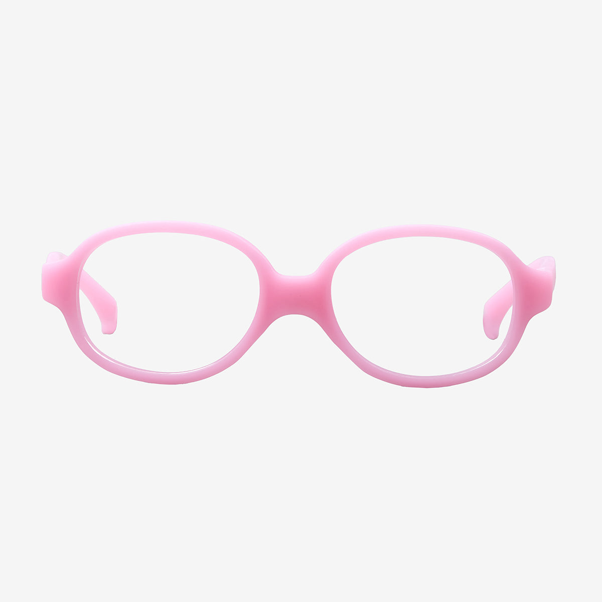 Pink oval kids flexible TPE glasses showcasing a one-piece screwless frame and a matching adjustable elastic head strap for toddler optical eye safety.
