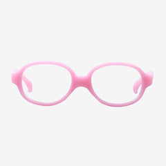 Pink oval kids flexible TPE glasses showcasing a one-piece screwless frame and a matching adjustable elastic head strap for toddler optical eye safety.
