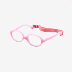 Pink oval kids flexible TPE glasses showcasing a one-piece screwless frame and a matching adjustable elastic head strap for toddler optical eye safety.
