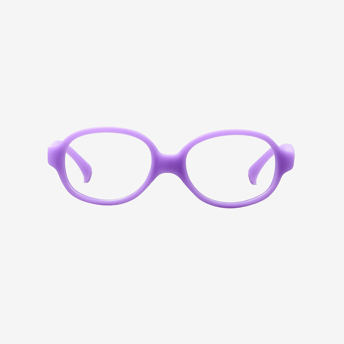 Purple oval kids flexible TPE glasses showcasing a one-piece screwless frame and a matching adjustable elastic head strap for toddler optical eye safety.