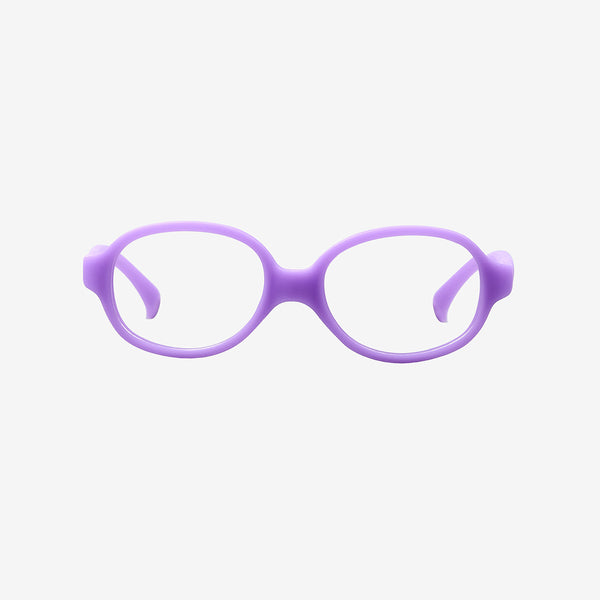 Purple oval kids flexible TPE glasses showcasing a one-piece screwless frame and a matching adjustable elastic head strap for toddler optical eye safety.