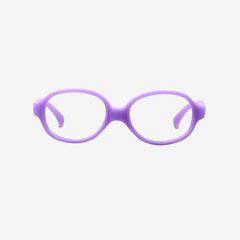 Purple oval kids flexible TPE glasses showcasing a one-piece screwless frame and a matching adjustable elastic head strap for toddler optical eye safety.
