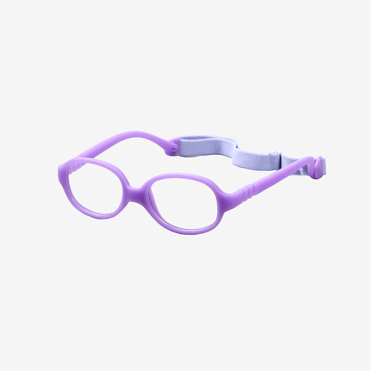Purple oval kids flexible TPE glasses showcasing a one-piece screwless frame and a matching adjustable elastic head strap for toddler optical eye safety.
