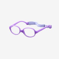 Purple oval kids flexible TPE glasses showcasing a one-piece screwless frame and a matching adjustable elastic head strap for toddler optical eye safety.
