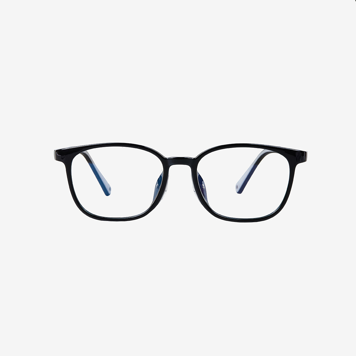 MiniMuse black rounded square prescription glasses for kids and tweens with silicone nose pads and adjustable temple tips.
