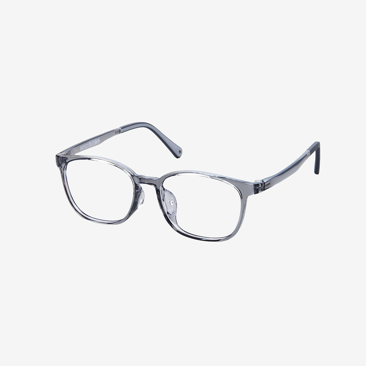 MiniMuse clear jelly grey rounded square prescription glasses for kids and tweens with silicone nose pads and adjustable temple tips.
