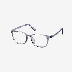 MiniMuse clear jelly grey rounded square prescription glasses for kids and tweens with silicone nose pads and adjustable temple tips.
