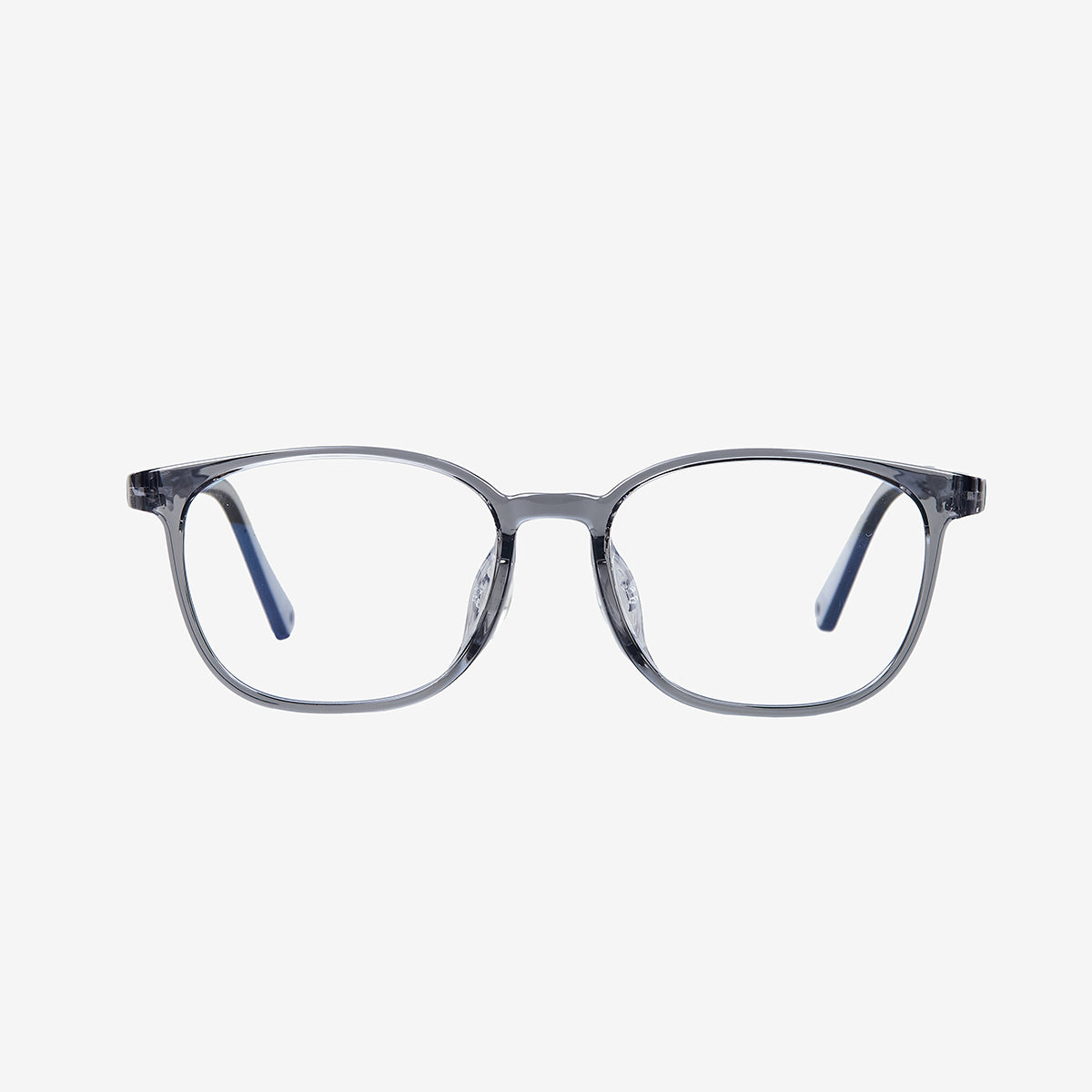 MiniMuse clear jelly grey rounded square prescription glasses for kids and tweens with silicone nose pads and adjustable temple tips.