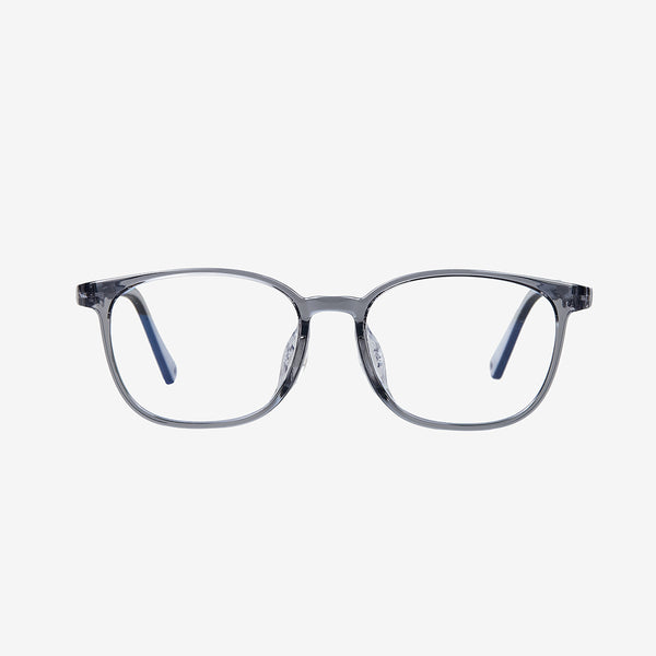 MiniMuse clear jelly grey rounded square prescription glasses for kids and tweens with silicone nose pads and adjustable temple tips.