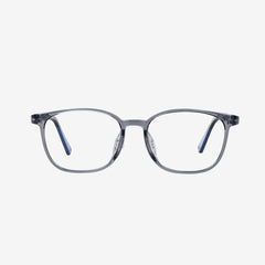 MiniMuse clear jelly grey rounded square prescription glasses for kids and tweens with silicone nose pads and adjustable temple tips.