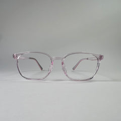 MiniMuse clear jelly pink rounded square prescription glasses for kids and tweens with silicone nose pads and adjustable temple tips. Front view.
