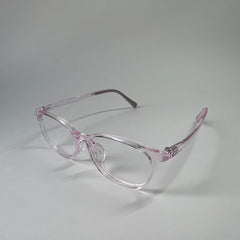 MiniMuse clear jelly pink rounded square prescription glasses for kids and tweens with silicone nose pads and adjustable temple tips. Side view.
