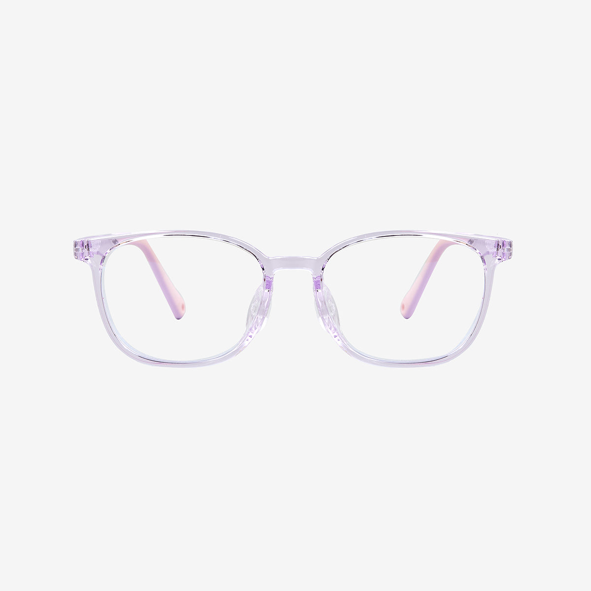 MiniMuse clear jelly purple rounded square prescription glasses for kids and tweens with silicone nose pads and adjustable temple tips. Front view.
