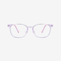 MiniMuse clear jelly purple rounded square prescription glasses for kids and tweens with silicone nose pads and adjustable temple tips. Front view.
