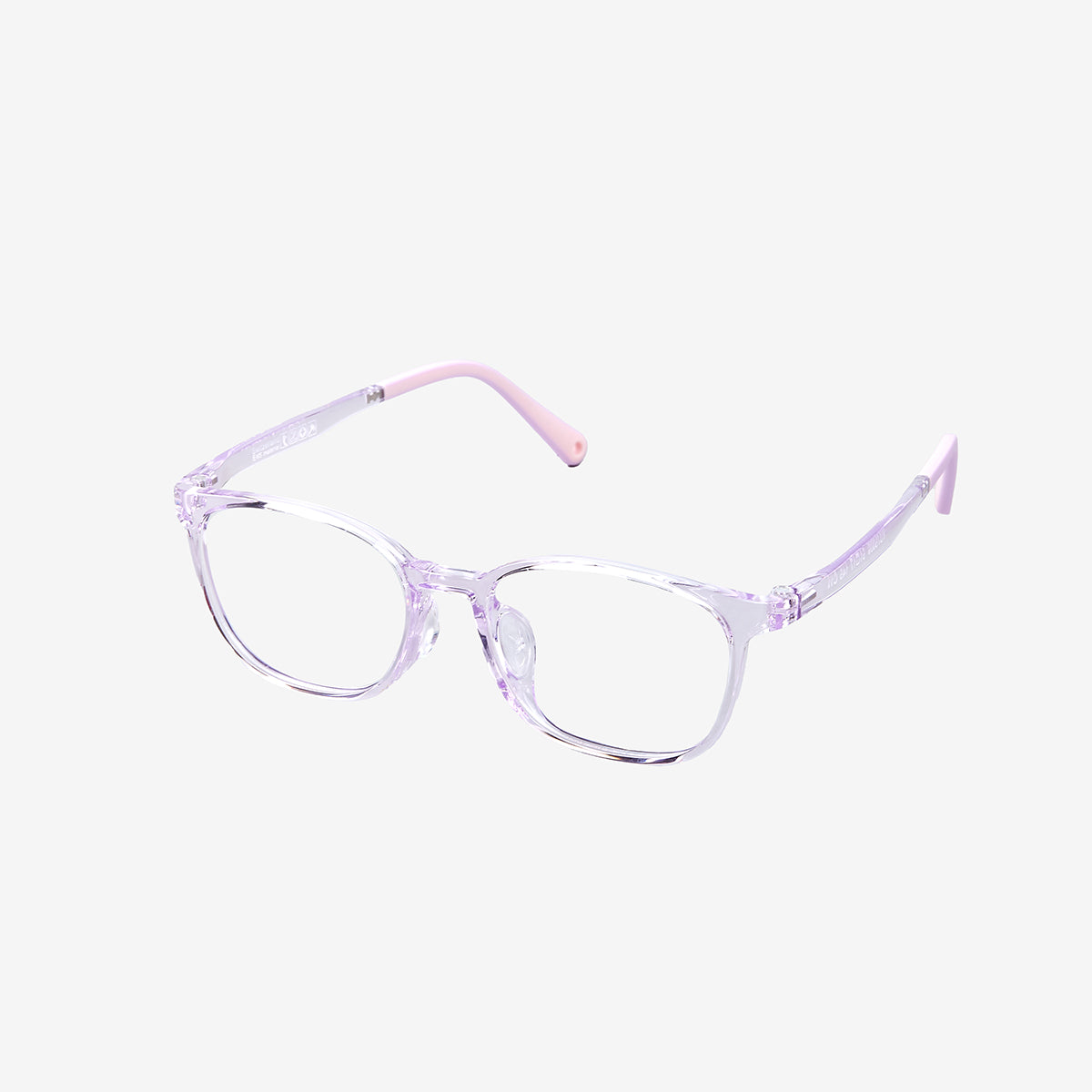 MiniMuse clear jelly purple rounded square prescription glasses for kids and tweens with silicone nose pads and adjustable temple tips. Side view.
