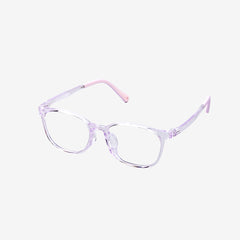 MiniMuse clear jelly purple rounded square prescription glasses for kids and tweens with silicone nose pads and adjustable temple tips. Side view.
