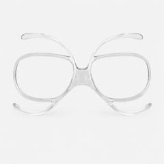 Clear universal prescription ski goggle insert adapter for kids sports goggles, shatterproof optical frame for youth snowboarding and skiing.