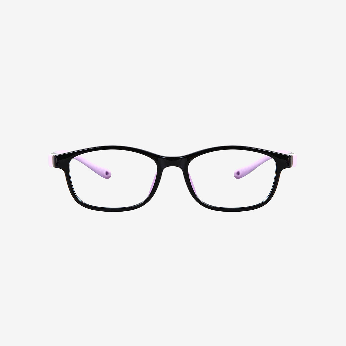 Black and purple kids sports glasses with flexible wrap-around temples and an adjustable elastic head strap for active children. Front view.