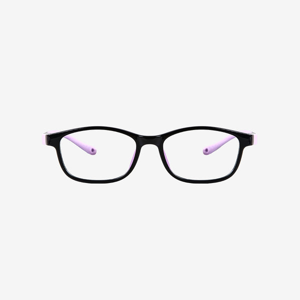 Black and purple kids sports glasses with flexible wrap-around temples and an adjustable elastic head strap for active children. Front view.