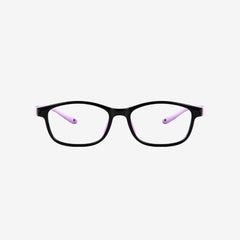 Black and purple kids sports glasses with flexible wrap-around temples and an adjustable elastic head strap for active children. Front view.