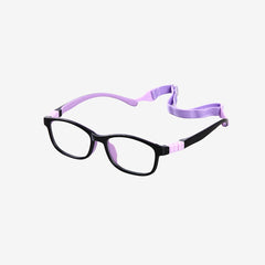 Black and purple kids sports glasses with flexible wrap-around temples and an adjustable elastic head strap for active children. Side view.
