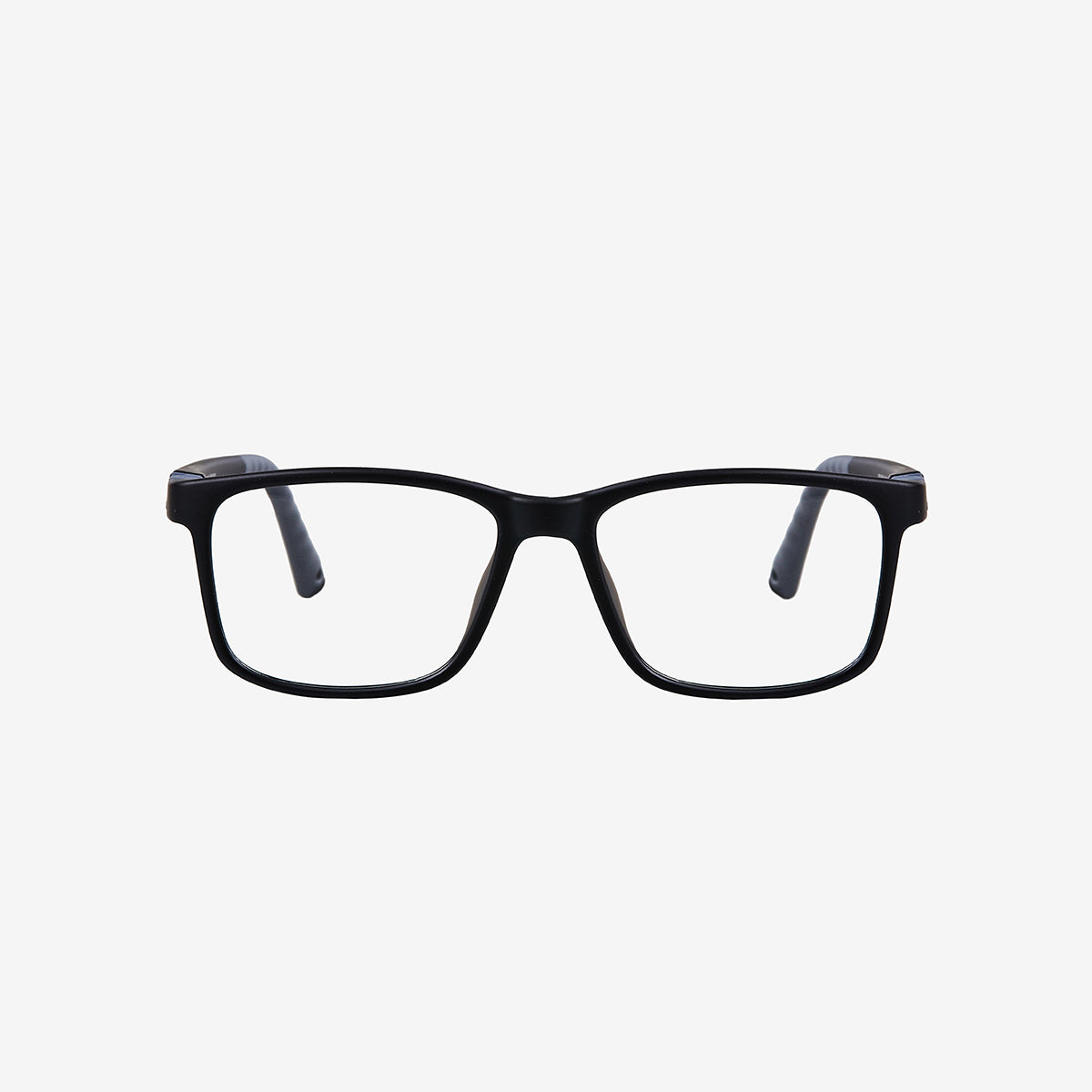 Black and grey square kids flexible prescription glasses for ages 10 plus featuring flexible hinges and an adjustable sports strap, front view.