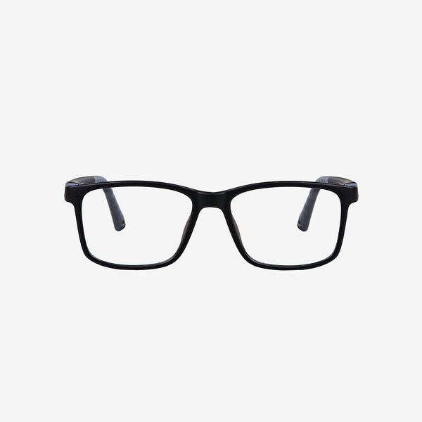 Black and grey square kids flexible prescription glasses for ages 10 plus featuring flexible hinges and an adjustable sports strap, front view.