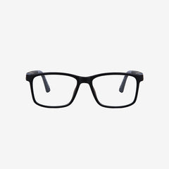 Black and grey square kids flexible prescription glasses for ages 10 plus featuring flexible hinges and an adjustable sports strap, front view.