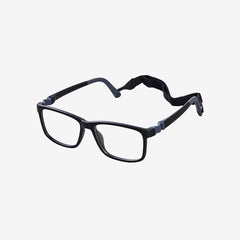 Black square kids flexible prescription glasses for ages 10 plus featuring flexible hinges and an adjustable sports strap, side view.