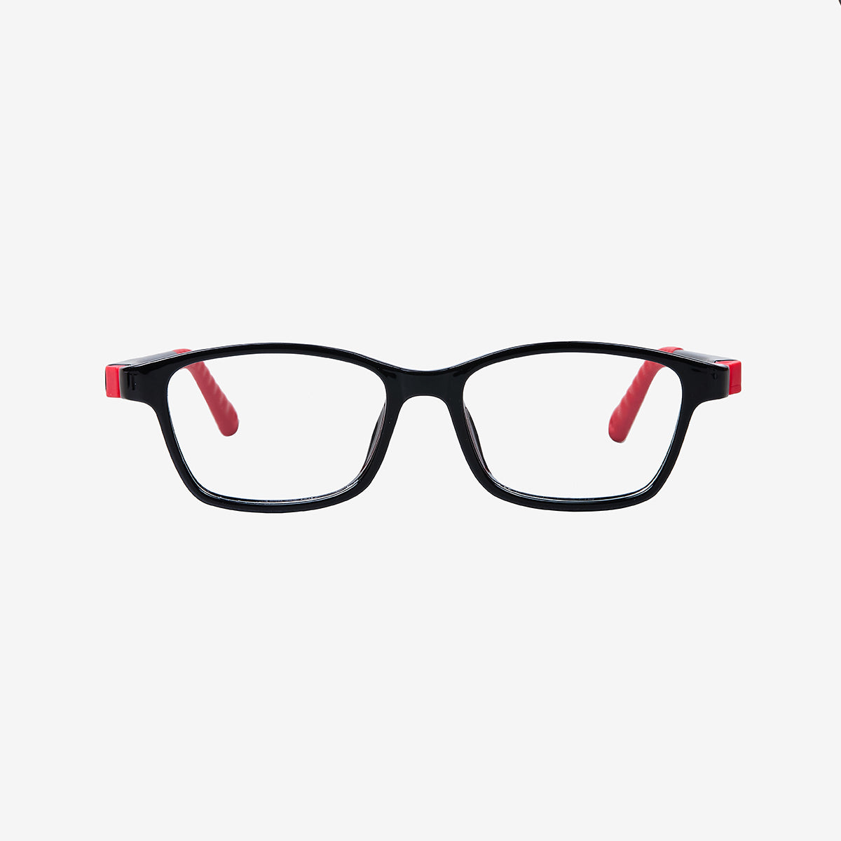 Black and red kids flexible prescription glasses with a built-in adjustable black elastic sports strap for children, front view.
