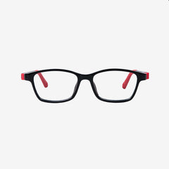 Black and red kids flexible prescription glasses with a built-in adjustable black elastic sports strap for children, front view.
