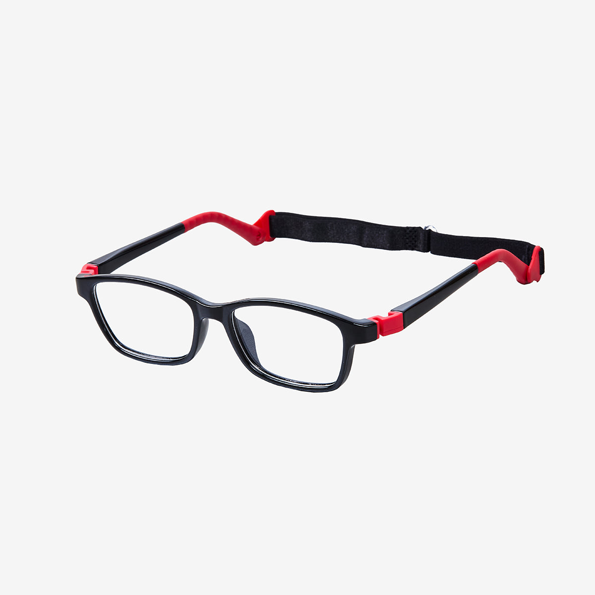 Black and red kids flexible prescription glasses with a built-in adjustable black elastic sports strap for children

