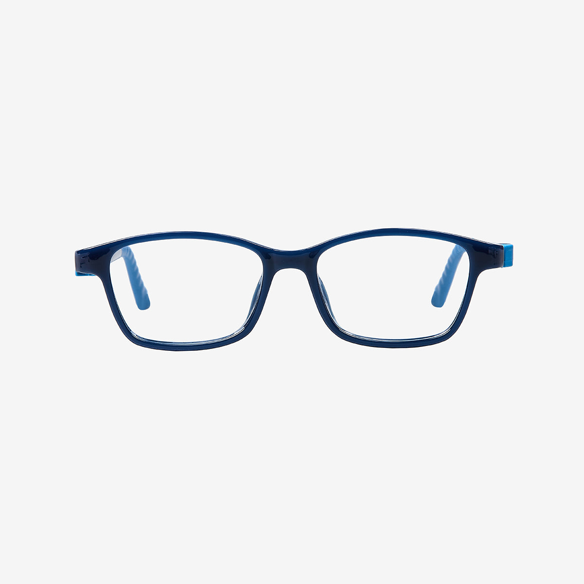 Navy and sky blue kids flexible prescription glasses with a built-in adjustable blue elastic sports strap for children