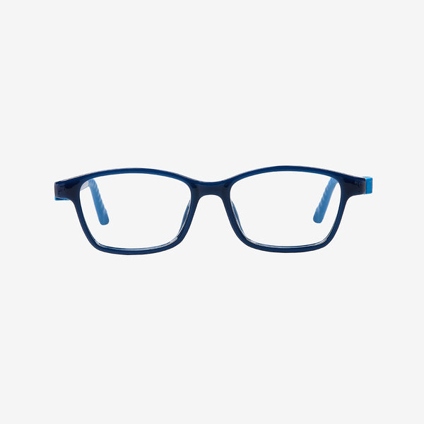 Navy and sky blue kids flexible prescription glasses with a built-in adjustable blue elastic sports strap for children