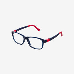 Dark blue & red indestructible kids prescription glasses showing a 360-degree flexible hinge design, adjustable temple tips, and an attached elastic sports strap. Side view.
