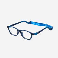 Navy and sky blue kids flexible prescription glasses with a built-in adjustable blue elastic sports strap for children， side view.
